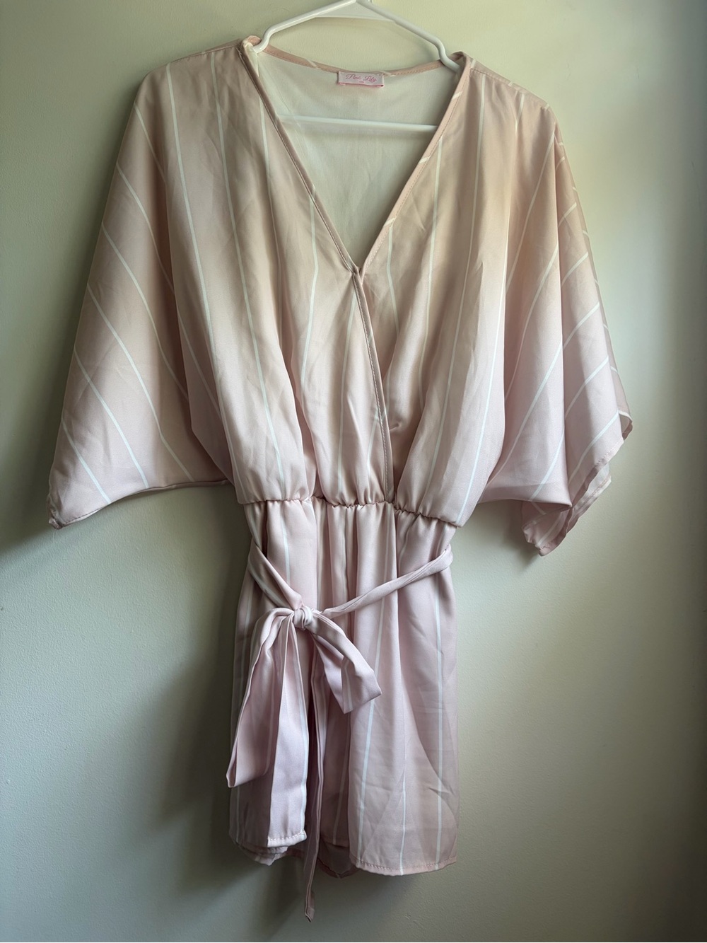Pink Lily Romper M Blush Pink White Stripe Faux Wrap Tie Waist Kimono Sleeve USA